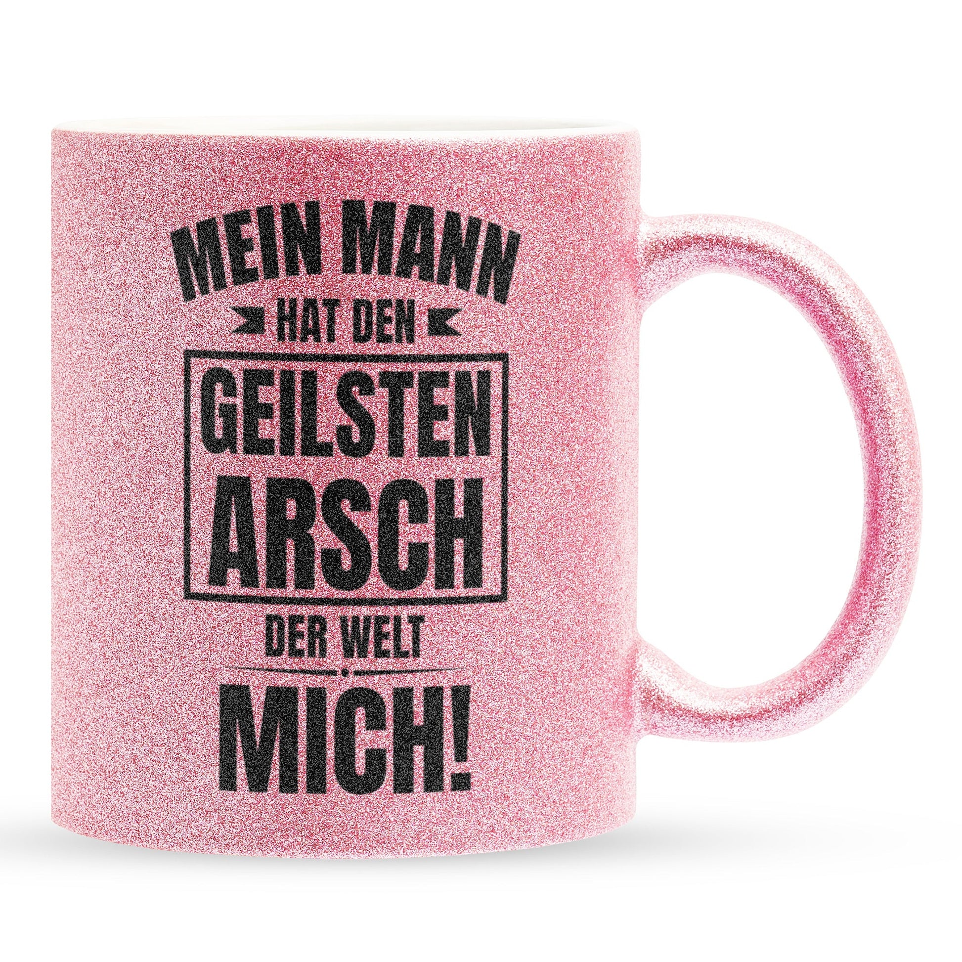 22Feels® Ehefrau Geschenk zum Hochzeitstag, Valentinstag etc. - Glitzertasse mit Spruch: Geilster A*sch (Pink, 320ml)-Glitzertasse Pink 320ml-22Feels