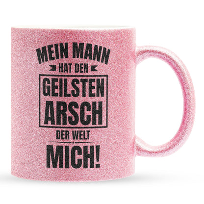 22Feels® Ehefrau Geschenk zum Hochzeitstag, Valentinstag etc. - Glitzertasse mit Spruch: Geilster A*sch (Pink, 320ml)-Glitzertasse Pink 320ml-22Feels