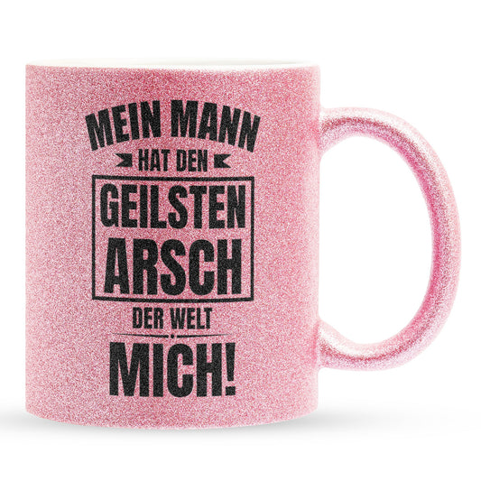 22Feels® Ehefrau Geschenk zum Hochzeitstag, Valentinstag etc. - Glitzertasse mit Spruch: Geilster A*sch (Pink, 320ml)-Glitzertasse Pink 320ml-22Feels