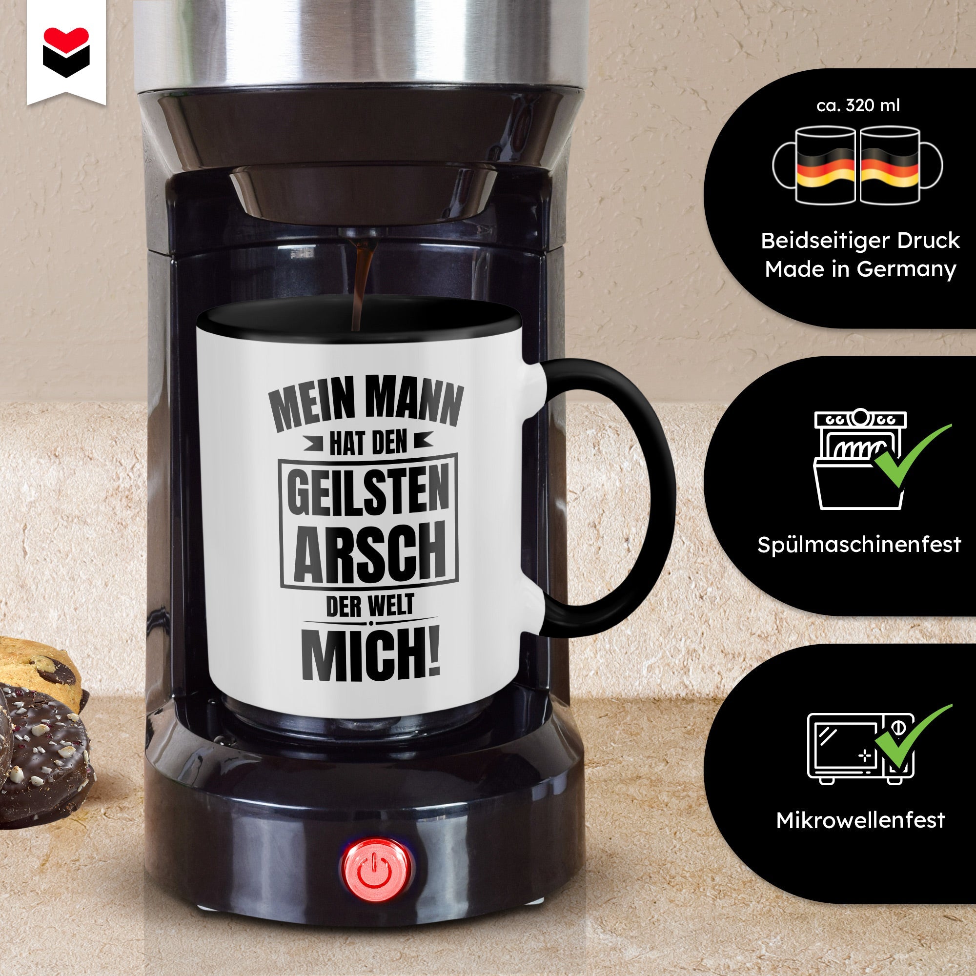 22Feels® Ehefrau Geschenk zum Hochzeitstag, Valentinstag etc. - Tasse mit Spruch: Geilster A*sch (Weiss-Schwarz, 320ml)-TwoTone Tasse Weiss-Schwarz 320ml-22Feels