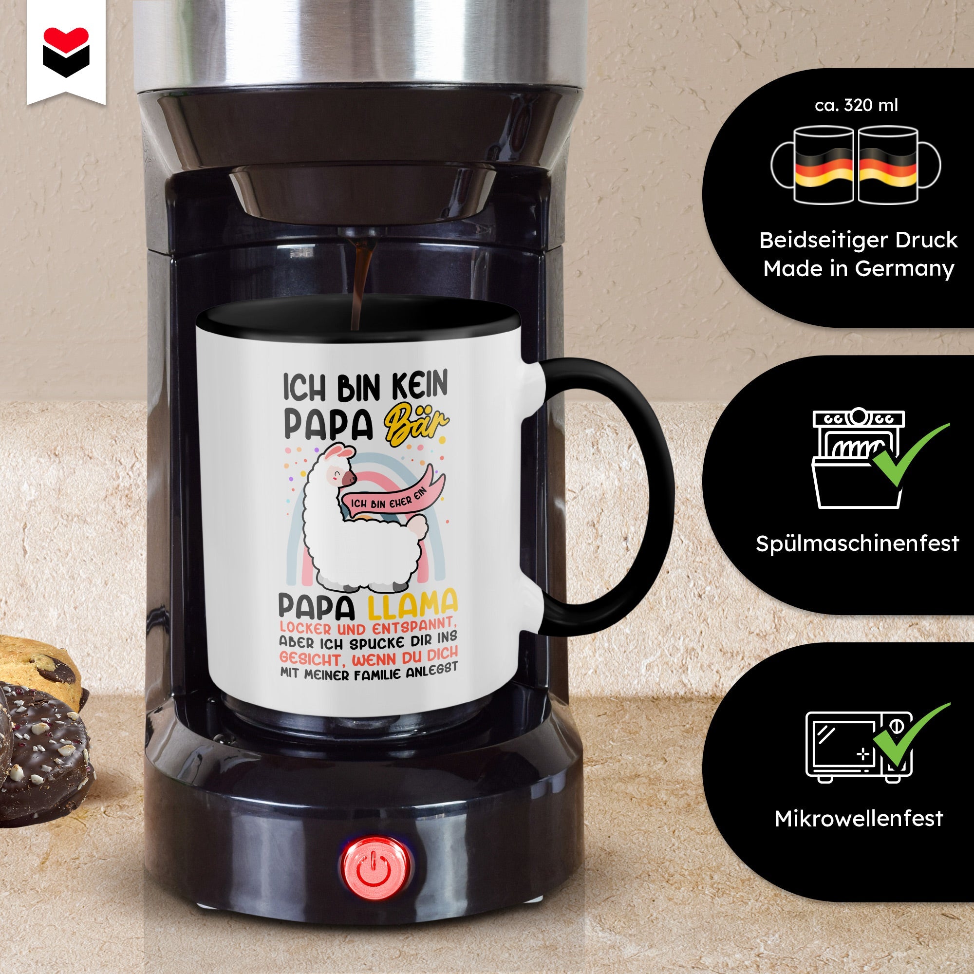 22Feels® Papa Geschenk - Tasse mit Spruch: Kein Bär sondern Llama (Weiss-Schwarz, 320ml)-TwoTone Tasse Weiss-Schwarz 320ml-22Feels