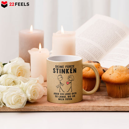 22Feels® ORIGINAL Glitzertasse - Männer Geschenk - Spruch: Deine Fürze Stinken (Gold, 320ml)-Glitzertasse Gold 320ml-22Feels