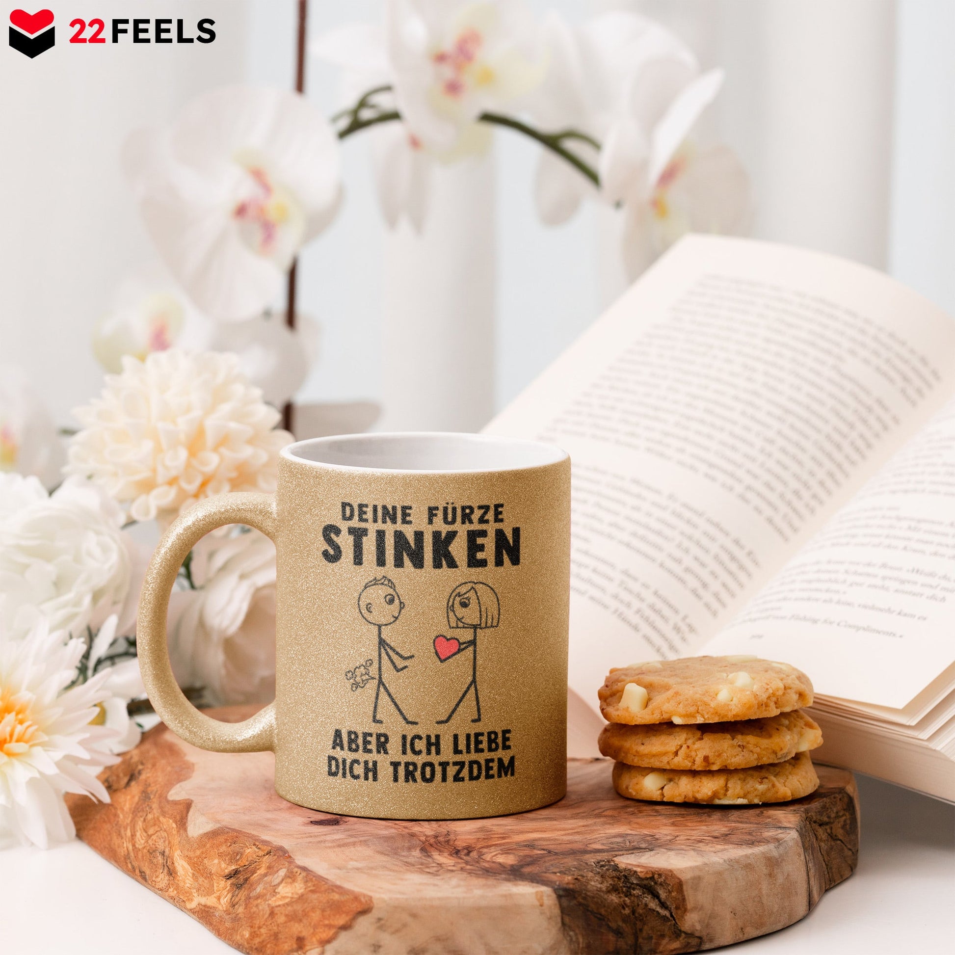 22Feels® ORIGINAL Glitzertasse - Männer Geschenk - Spruch: Deine Fürze Stinken (Gold, 320ml)-Glitzertasse Gold 320ml-22Feels