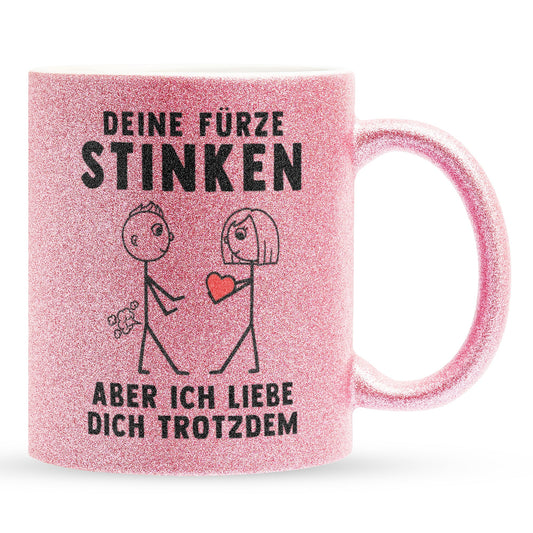 22Feels® ORIGINAL Glitzertasse - Männer Geschenk - Spruch: Deine Fürze Stinken (Pink, 320ml)-Glitzertasse Pink 320ml-22Feels