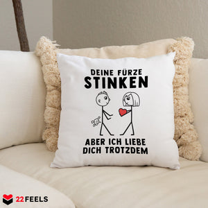22Feels® ORIGINAL Kissen - Männer Geschenk - Spruch: Deine Fürze Stinken (Weiss, 40x40cm)-Kissen Weiss 40x40-22Feels