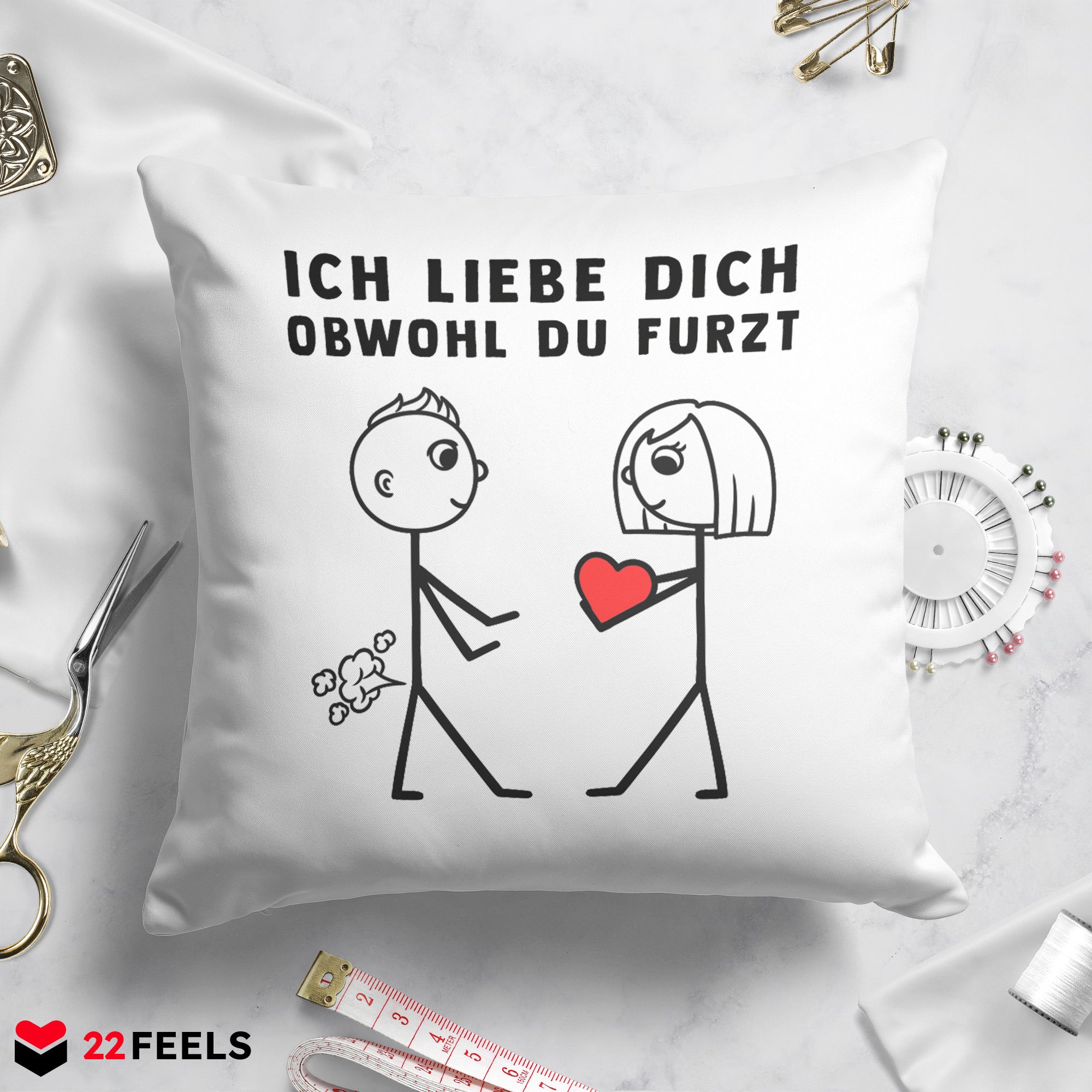 22Feels® ORIGINAL Kissen - Männer Geschenk - Spruch: Ich Liebe Dich Obwohl Du Furzt (Weiss, 40x40cm)-Kissen Weiss 40x40-22Feels