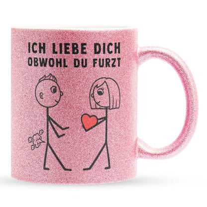 22Feels® ORIGINAL Glitzertasse - Männer Geschenk - Spruch: Ich Liebe Dich Obwohl Du Furzt (Pink, 320ml)-Glitzertasse Pink 320ml-22Feels