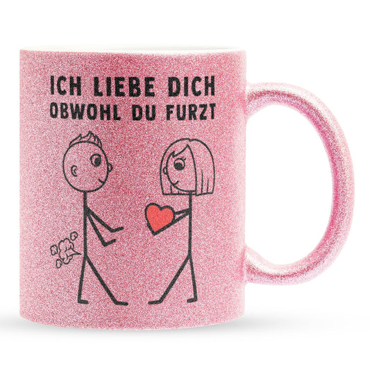 22Feels® ORIGINAL Glitzertasse - Männer Geschenk - Spruch: Ich Liebe Dich Obwohl Du Furzt (Pink, 320ml)-Glitzertasse Pink 320ml-22Feels