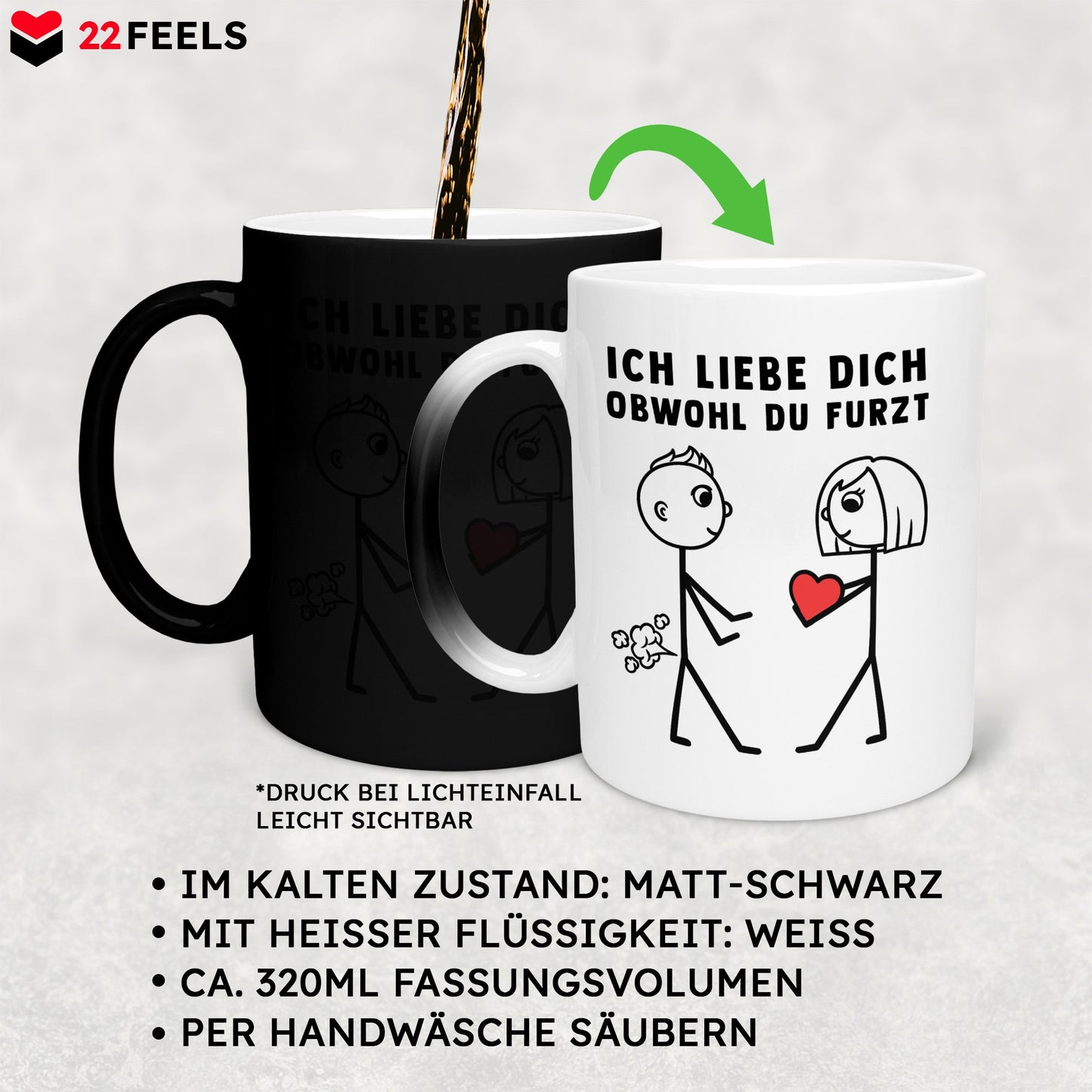 22Feels® ORIGINAL Zaubertasse - Männer Geschenk - Spruch: Ich Liebe Dich Obwohl Du Furzt (Matt-Schwarz und Weiss, 320ml)-Farbwechsel Tasse Matt 320ml-22Feels