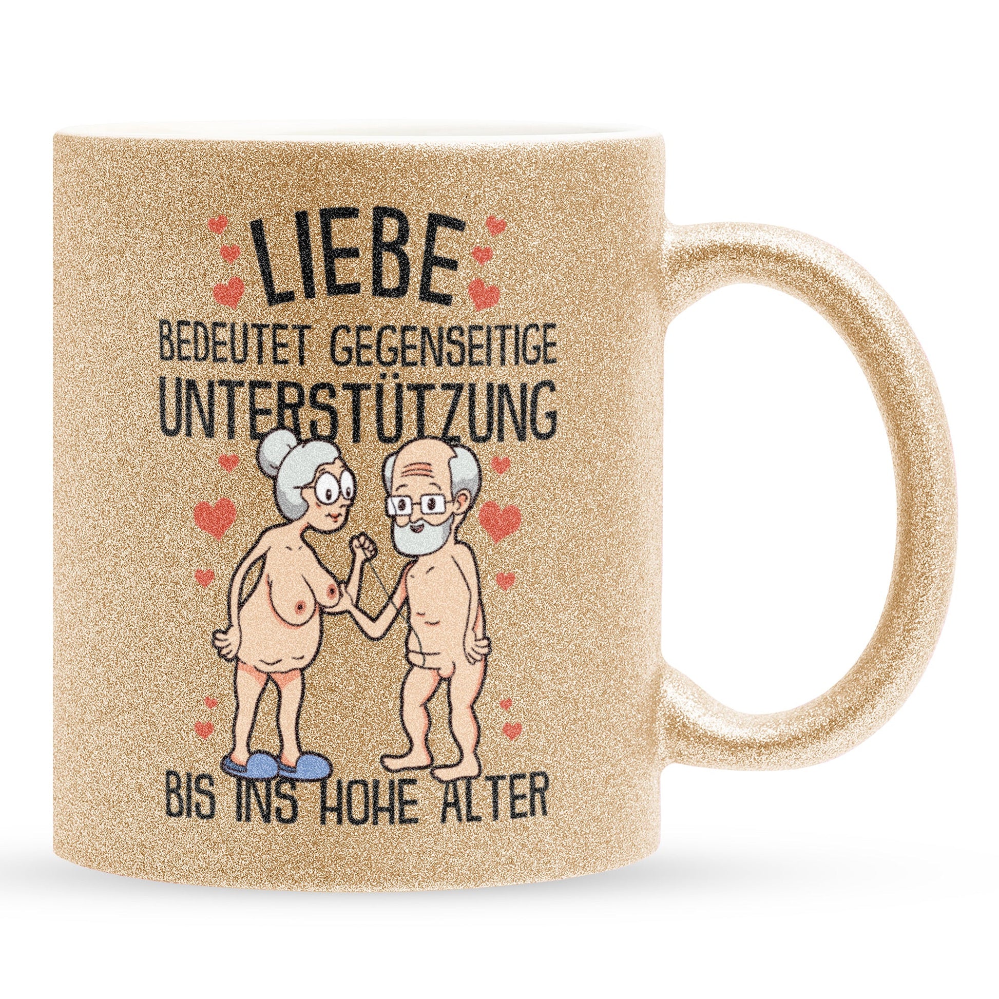 22Feels® Paar Geschenk zum Jahrestag, Hochzeitstag, Valentinstag etc. - Glitzertasse mit Spruch: Liebe bedeutet (Gold, 320ml)-Glitzertasse Gold 320ml-22Feels