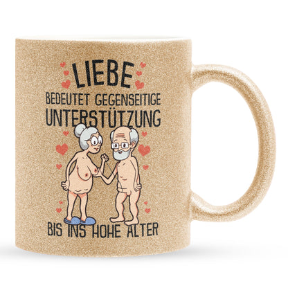 22Feels® Paar Geschenk zum Jahrestag, Hochzeitstag, Valentinstag etc. - Glitzertasse mit Spruch: Liebe bedeutet (Gold, 320ml)-Glitzertasse Gold 320ml-22Feels