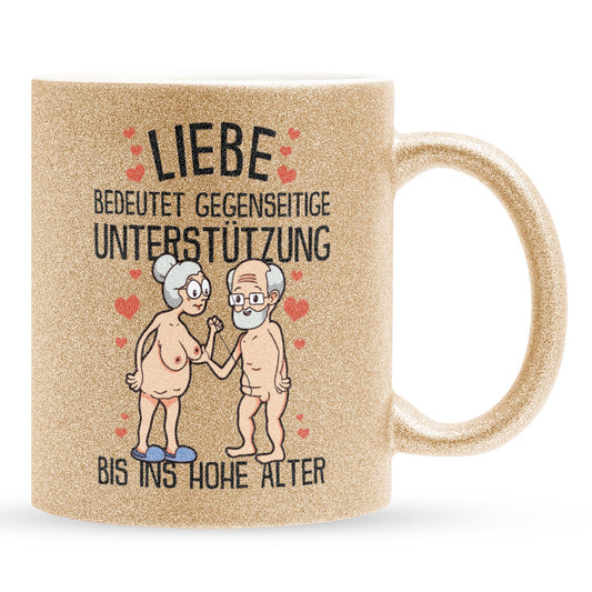 22Feels® Paar Geschenk zum Jahrestag, Hochzeitstag, Valentinstag etc. - Glitzertasse mit Spruch: Liebe bedeutet (Gold, 320ml)-Glitzertasse Gold 320ml-22Feels