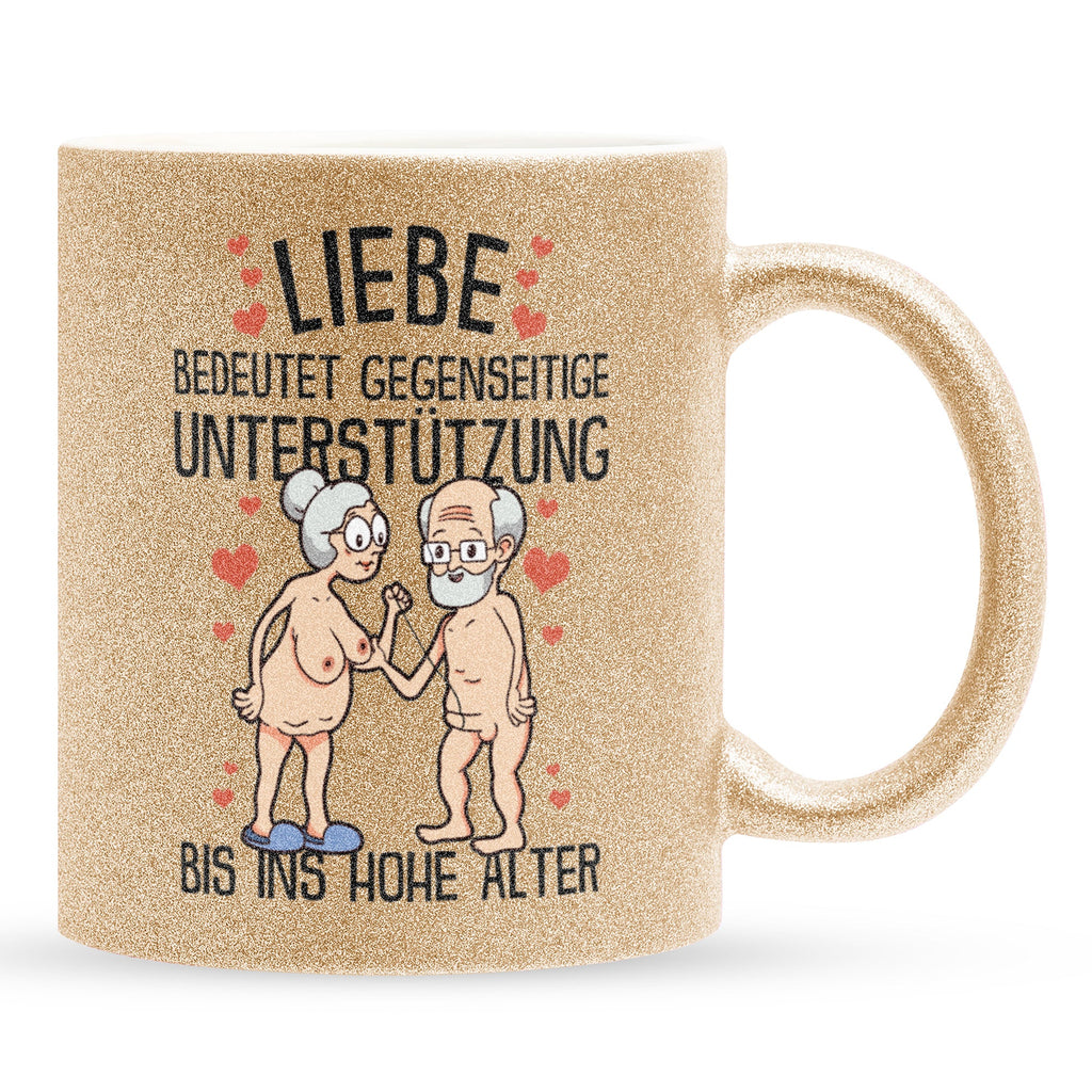 22Feels® Paar Geschenk zum Jahrestag, Hochzeitstag, Valentinstag etc. - Glitzertasse mit Spruch: Liebe bedeutet (Gold, 320ml)-Glitzertasse Gold 320ml-22Feels