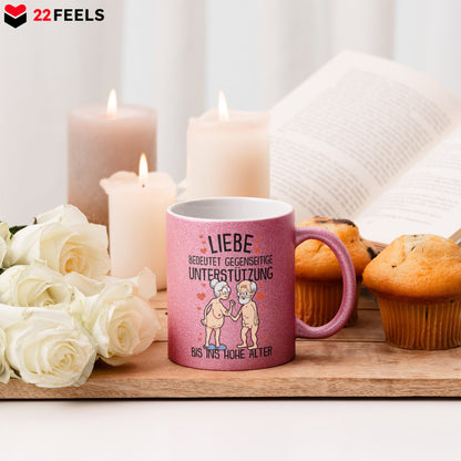 22Feels® Paar Geschenk zum Jahrestag, Hochzeitstag, Valentinstag etc. - Glitzertasse mit Spruch: Liebe bedeutet (Pink, 320ml)-Glitzertasse Pink 320ml-22Feels