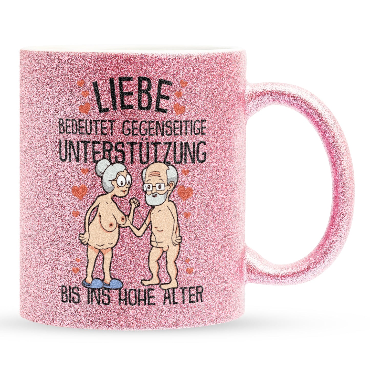22Feels® Paar Geschenk zum Jahrestag, Hochzeitstag, Valentinstag etc. - Glitzertasse mit Spruch: Liebe bedeutet (Pink, 320ml)-Glitzertasse Pink 320ml-22Feels