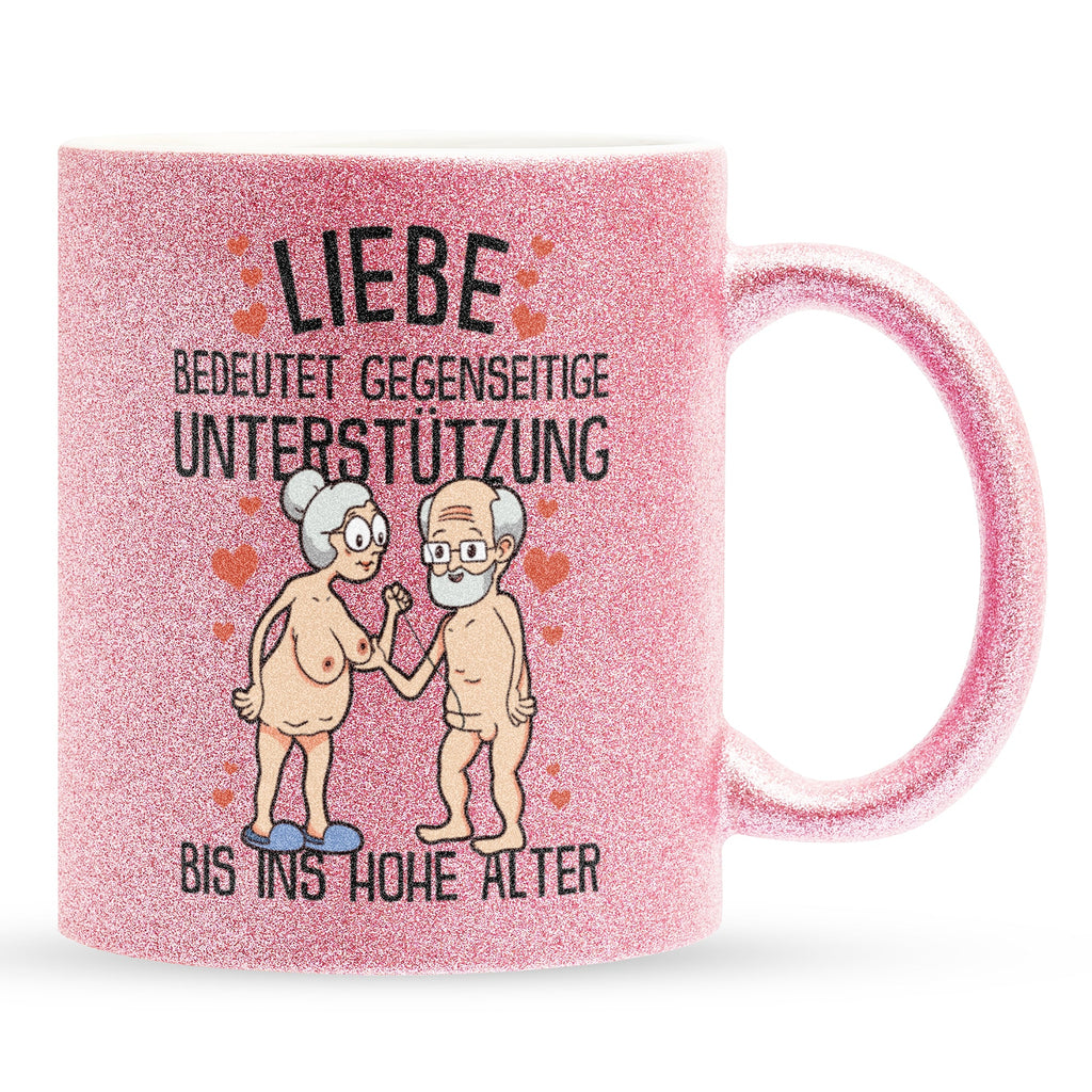 22Feels® Paar Geschenk zum Jahrestag, Hochzeitstag, Valentinstag etc. - Glitzertasse mit Spruch: Liebe bedeutet (Pink, 320ml)-Glitzertasse Pink 320ml-22Feels