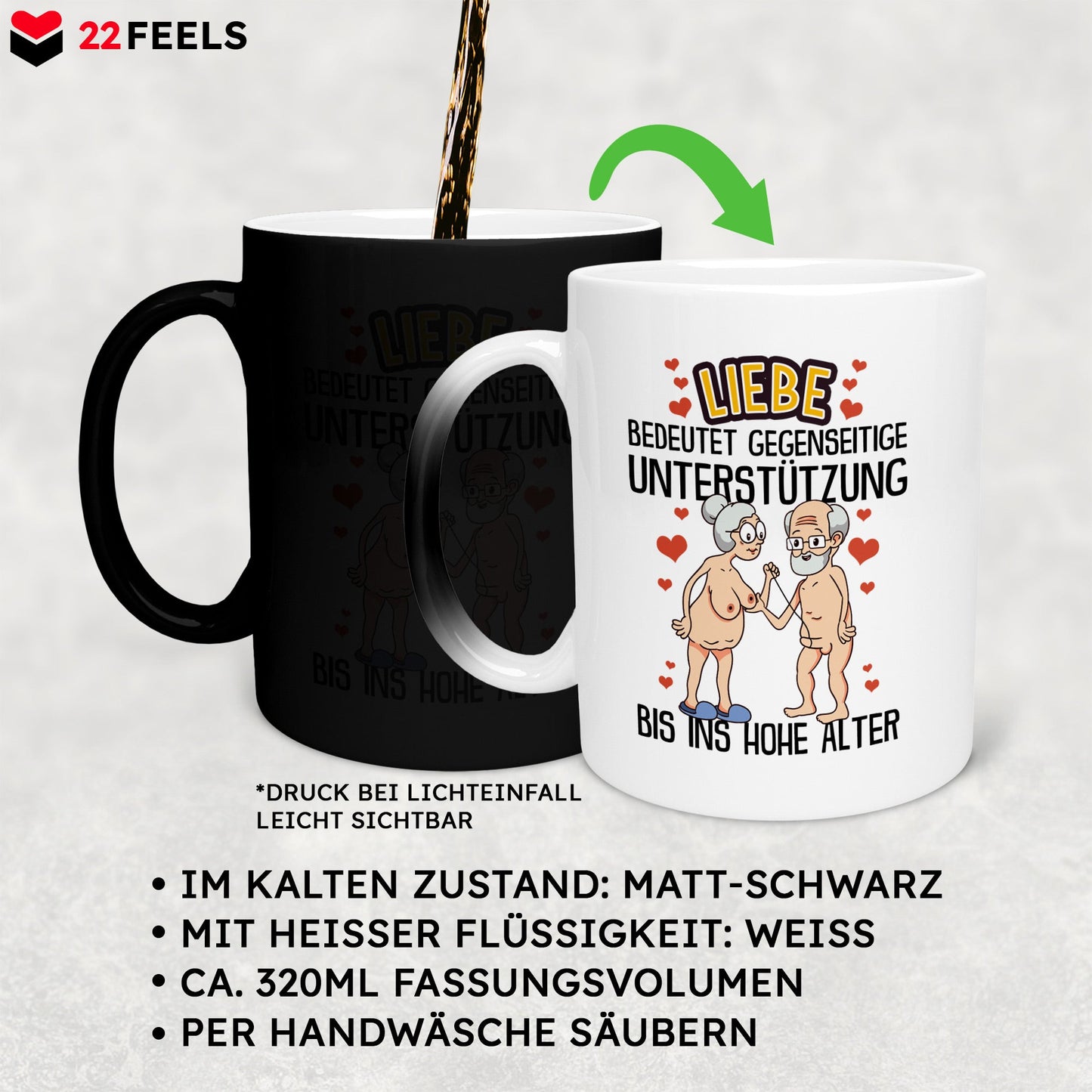 22Feels® Paar Geschenk zum Jahrestag, Hochzeitstag, Valentinstag etc. - Zaubertasse mit Spruch: Liebe bedeutet (Matt-Schwarz und Weiss, 320ml)-Farbwechsel Tasse Matt 320ml-22Feels