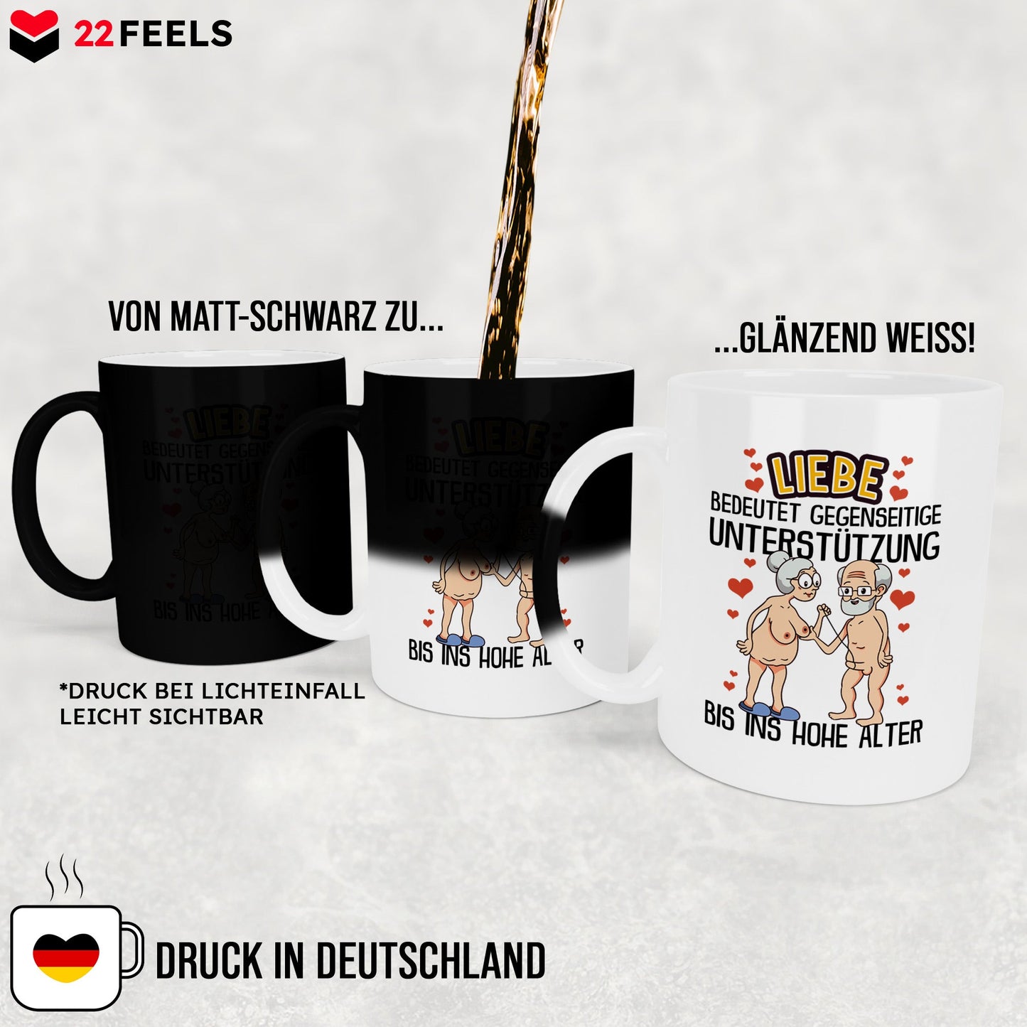 22Feels® Paar Geschenk zum Jahrestag, Hochzeitstag, Valentinstag etc. - Zaubertasse mit Spruch: Liebe bedeutet (Matt-Schwarz und Weiss, 320ml)-Farbwechsel Tasse Matt 320ml-22Feels
