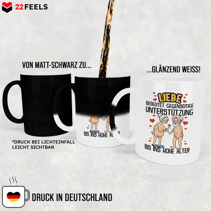 22Feels® Paar Geschenk zum Jahrestag, Hochzeitstag, Valentinstag etc. - Zaubertasse mit Spruch: Liebe bedeutet (Matt-Schwarz und Weiss, 320ml)-Farbwechsel Tasse Matt 320ml-22Feels