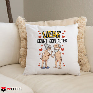 22Feels® Paar Geschenk zum Jahrestag, Hochzeitstag, Valentinstag etc. - Kissen mit Spruch: Liebe kennt kein Alter (Weiss 40x40cm)-Kissen Weiss 40x40-22Feels