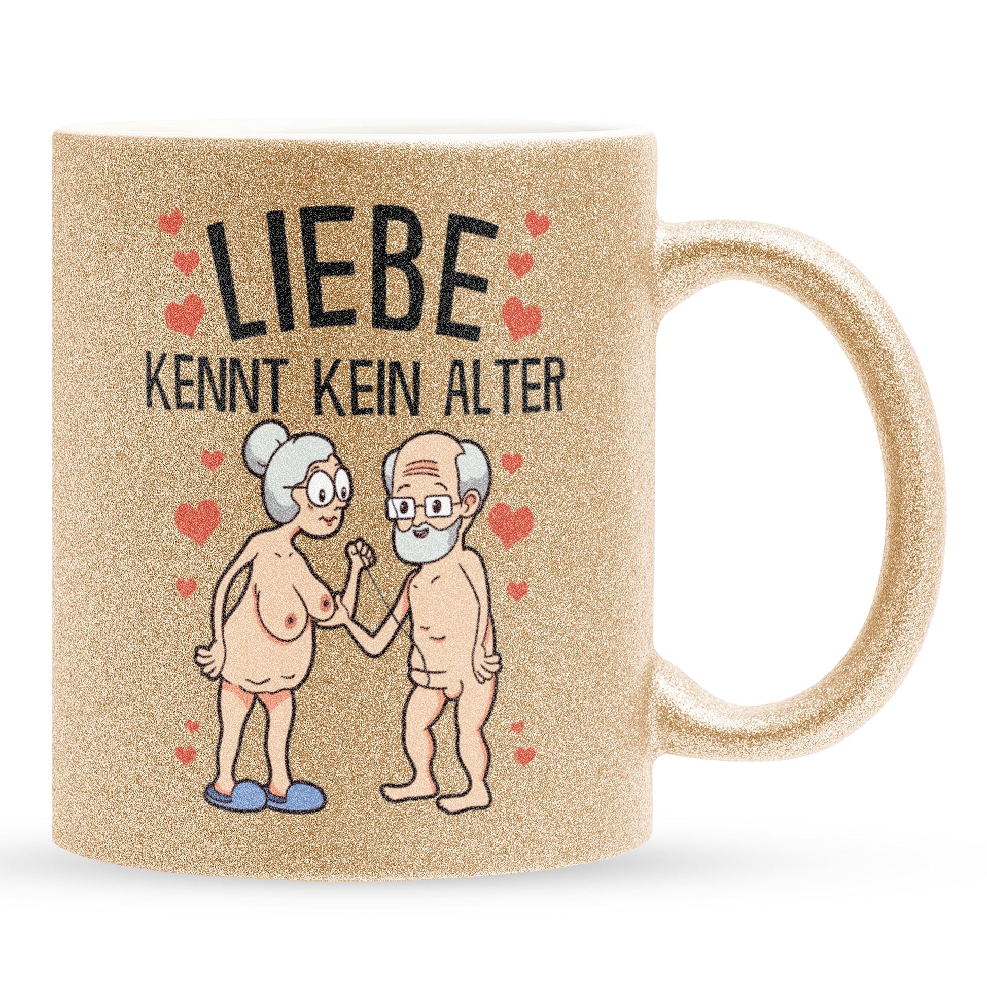 22Feels® Paar Geschenk zum Jahrestag, Hochzeitstag, Valentinstag etc. - Glitzertasse mit Spruch: Liebe kennt kein Alter (Gold, 320ml)-Glitzertasse Gold 320ml-22Feels