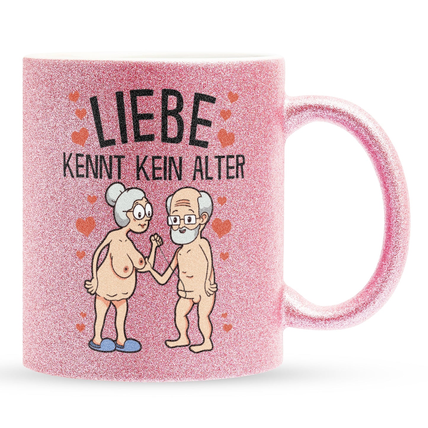 22Feels® Paar Geschenk zum Jahrestag, Hochzeitstag, Valentinstag etc. - Glitzertasse mit Spruch: Liebe kennt kein Alter (Pink, 320ml)-Glitzertasse Pink 320ml-22Feels