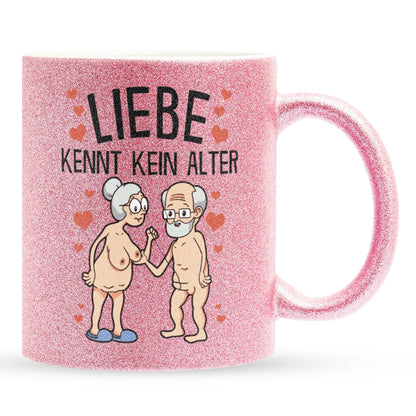 22Feels® Paar Geschenk zum Jahrestag, Hochzeitstag, Valentinstag etc. - Glitzertasse mit Spruch: Liebe kennt kein Alter (Pink, 320ml)-Glitzertasse Pink 320ml-22Feels