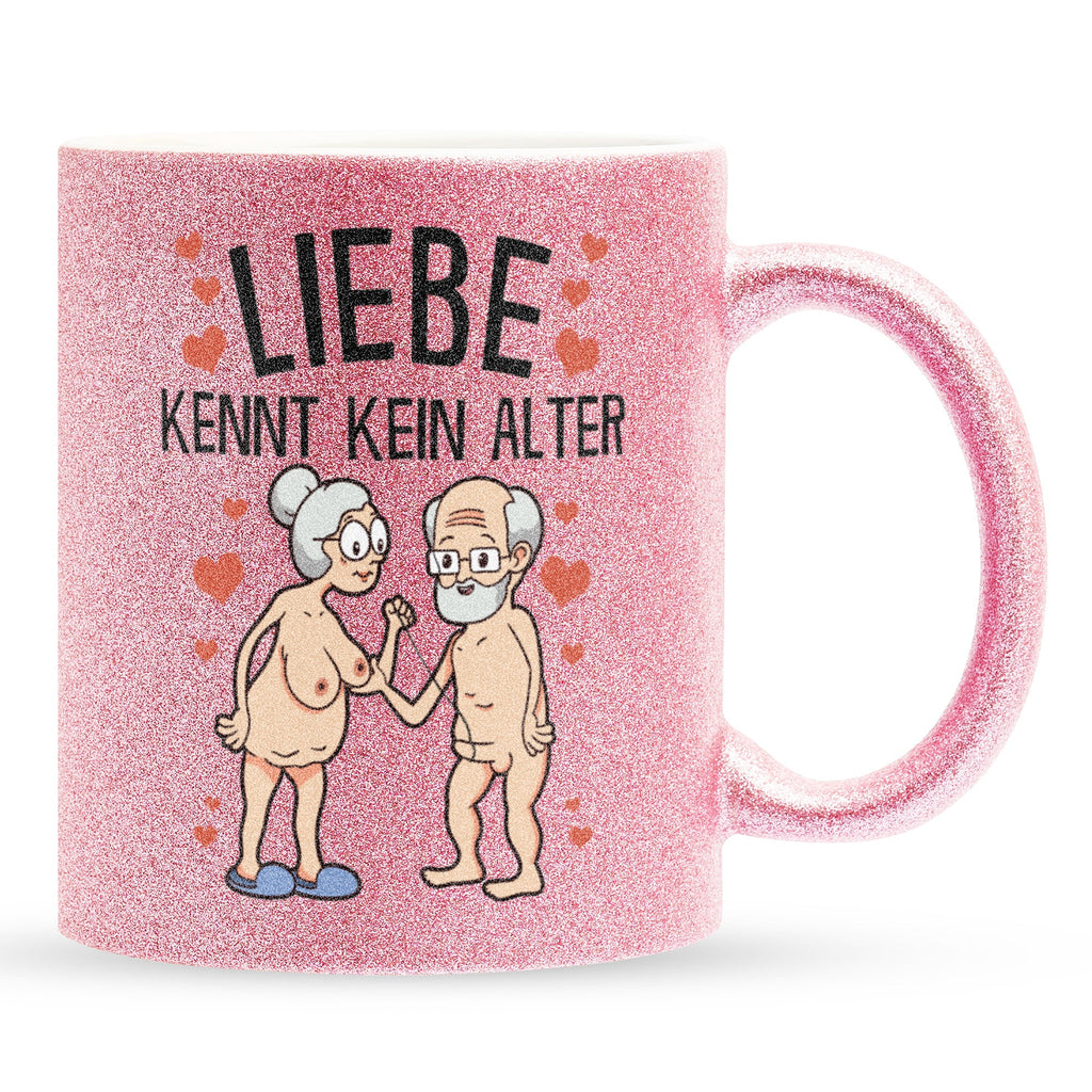 22Feels® Paar Geschenk zum Jahrestag, Hochzeitstag, Valentinstag etc. - Glitzertasse mit Spruch: Liebe kennt kein Alter (Pink, 320ml)-Glitzertasse Pink 320ml-22Feels