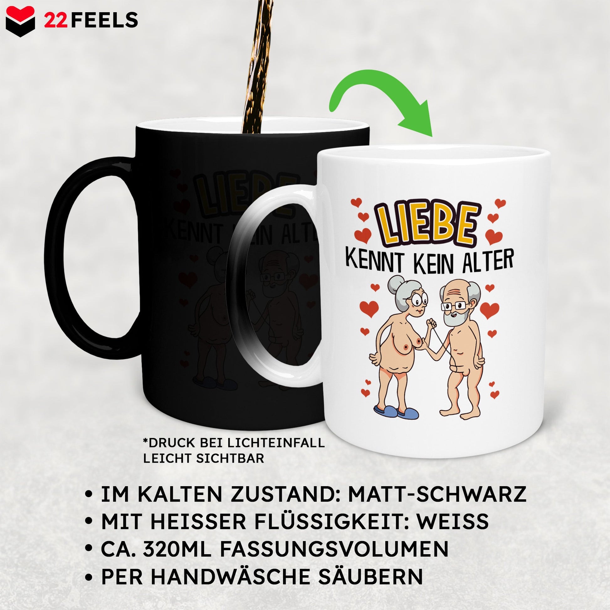 22Feels® Paar Geschenk zum Jahrestag, Hochzeitstag, Valentinstag etc. - Zaubertasse mit Spruch: Liebe kennt kein Alter (Matt-Schwarz und Weiss, 320ml)-Farbwechsel Tasse Matt 320ml-22Feels