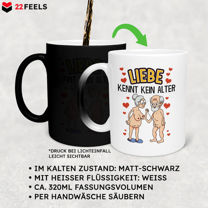 22Feels® Paar Geschenk zum Jahrestag, Hochzeitstag, Valentinstag etc. - Zaubertasse mit Spruch: Liebe kennt kein Alter (Matt-Schwarz und Weiss, 320ml)-Farbwechsel Tasse Matt 320ml-22Feels