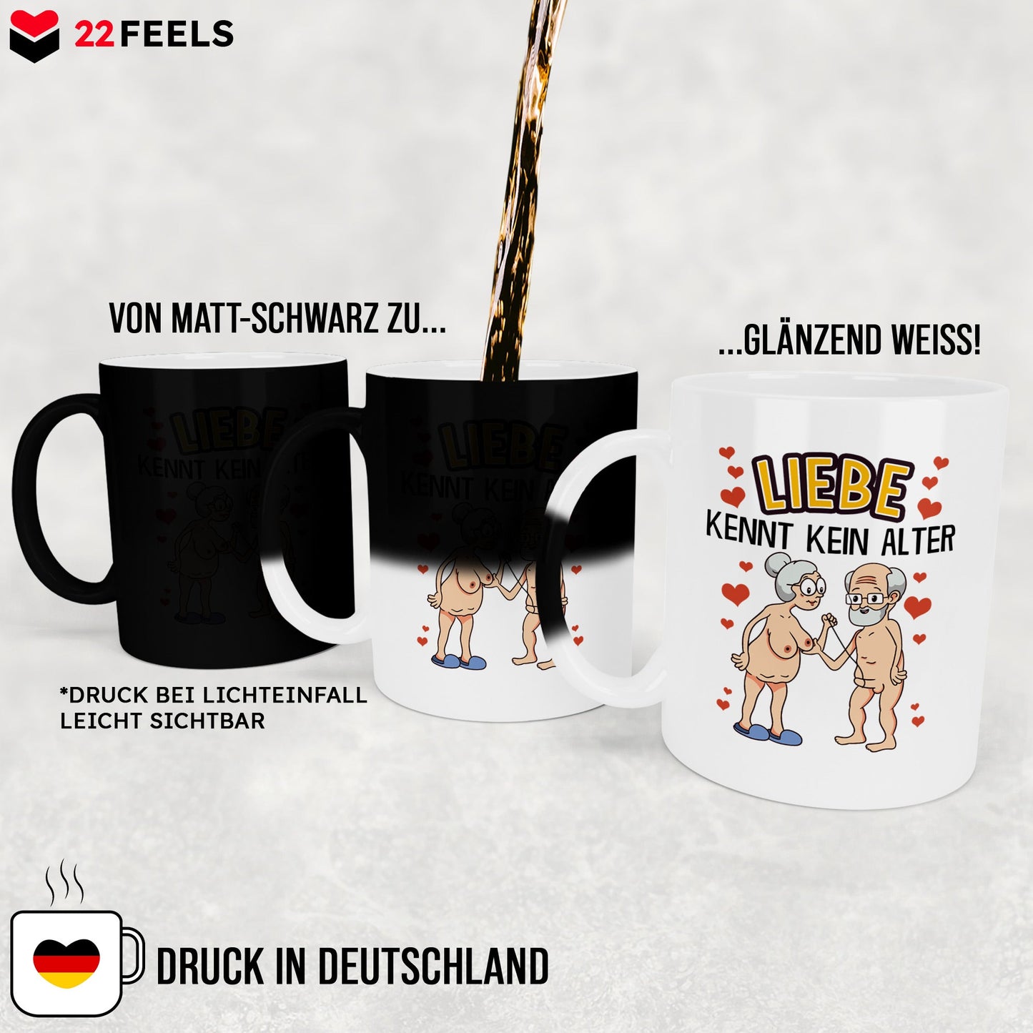 22Feels® Paar Geschenk zum Jahrestag, Hochzeitstag, Valentinstag etc. - Zaubertasse mit Spruch: Liebe kennt kein Alter (Matt-Schwarz und Weiss, 320ml)-Farbwechsel Tasse Matt 320ml-22Feels