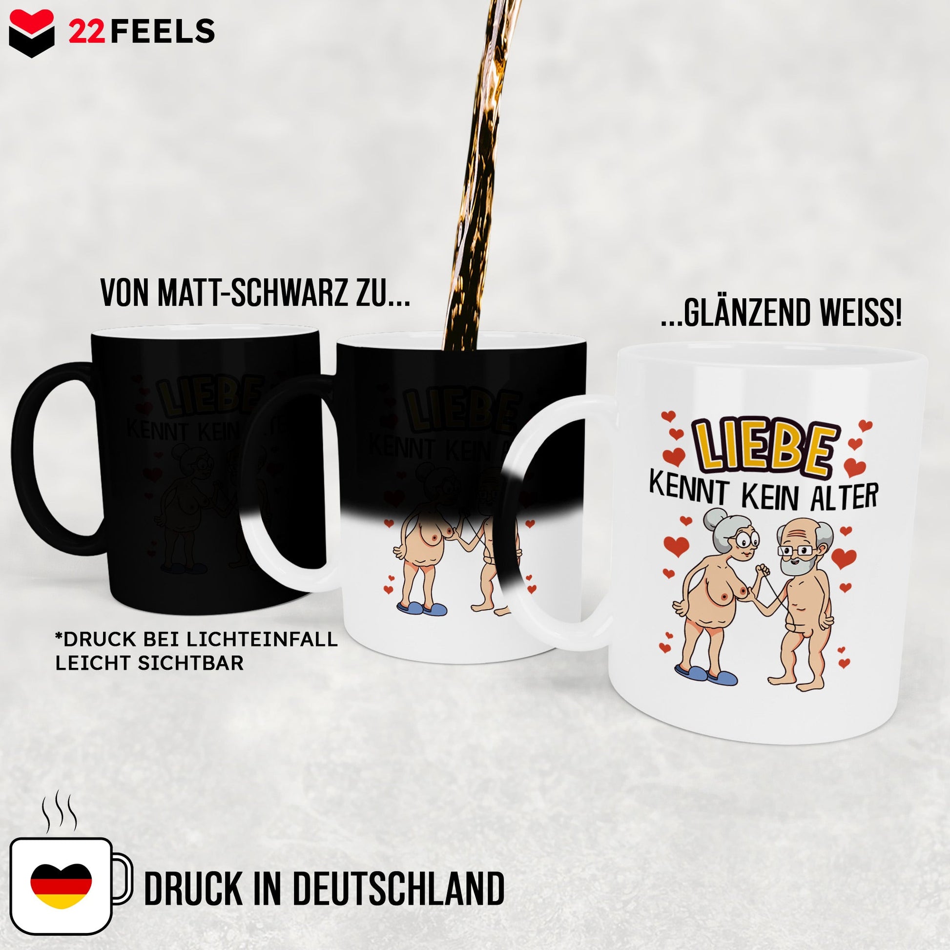 22Feels® Paar Geschenk zum Jahrestag, Hochzeitstag, Valentinstag etc. - Zaubertasse mit Spruch: Liebe kennt kein Alter (Matt-Schwarz und Weiss, 320ml)-Farbwechsel Tasse Matt 320ml-22Feels