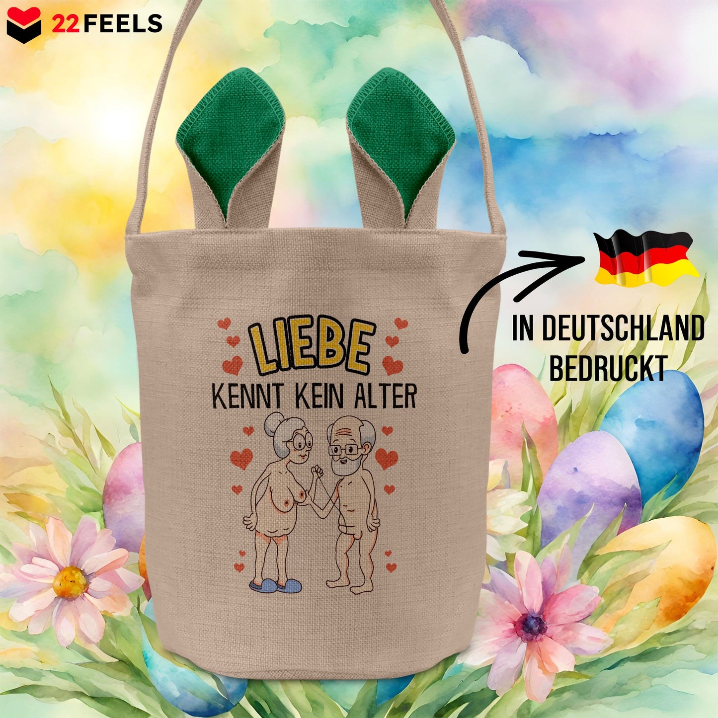 22Feels® Männer Frauen Osterkorb Liebe Paar Ehefrau Ehemann Freund Freundin Ostern mit Henkel Ostergeschenk Tragetasche Ostern Deko Osternest Körbchen Hasenohren (Beige/Grün)-Ostern Tragetasche-22Feels