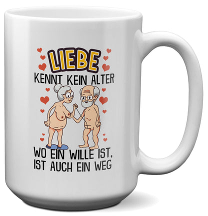 22Feels® Paar Geschenk zum Jahrestag, Hochzeitstag, Valentinstag etc. - XL Tasse mit Spruch: Liebe kennt kein Alter (Weiss, 440ml)-Weisse XL Tasse 440ml-22Feels