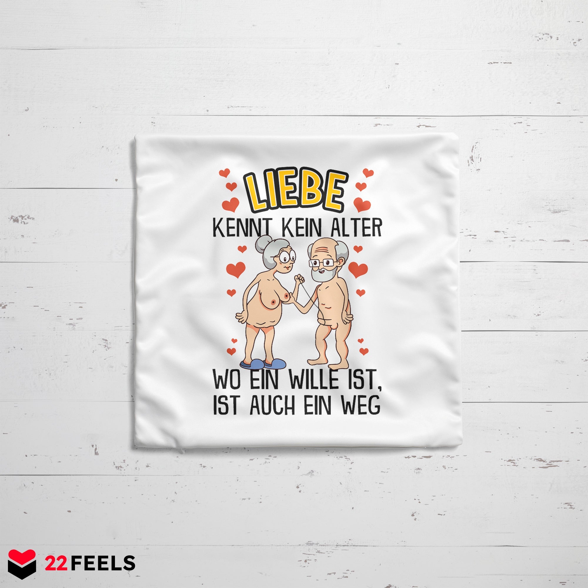 22Feels® Paar Geschenk zum Jahrestag, Hochzeitstag, Valentinstag etc. - Kissen mit Spruch: Liebe kennt kein Alter (Weiss 40x40cm)-Kissen Weiss 40x40-22Feels
