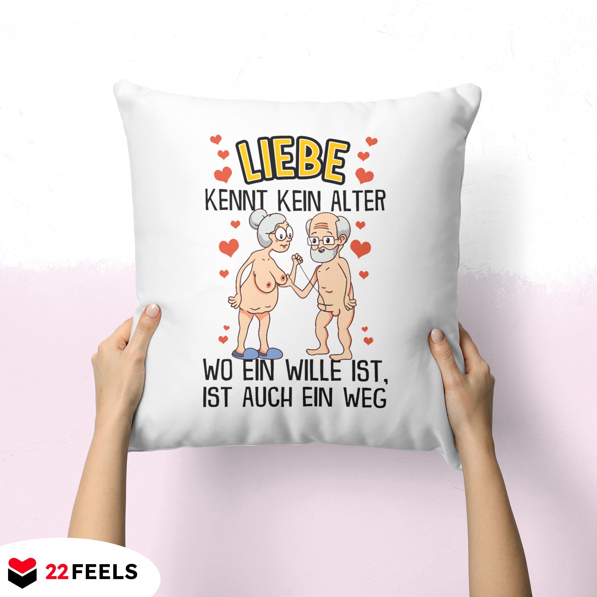 22Feels® Paar Geschenk zum Jahrestag, Hochzeitstag, Valentinstag etc. - Kissen mit Spruch: Liebe kennt kein Alter (Weiss 40x40cm)-Kissen Weiss 40x40-22Feels