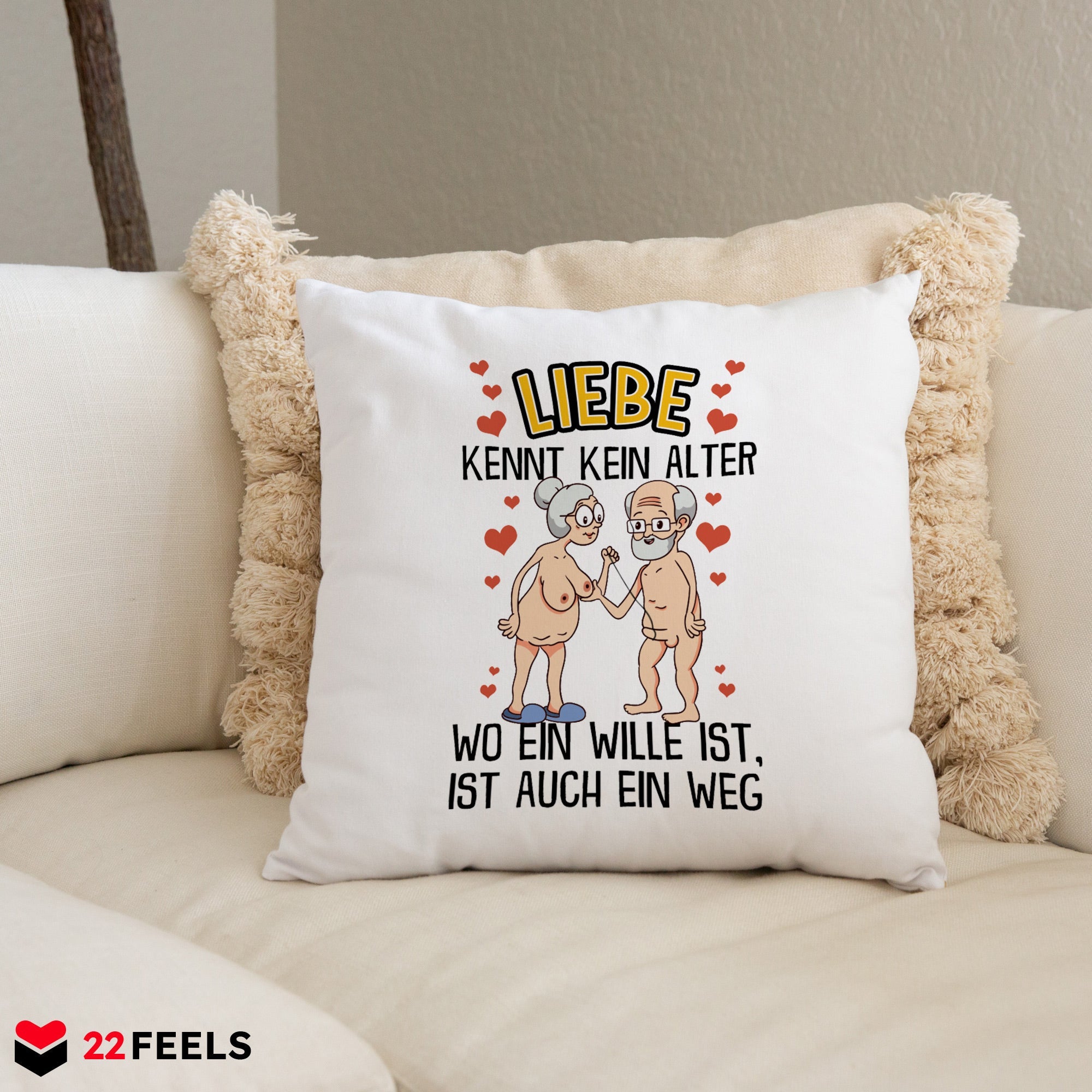 22Feels® Paar Geschenk zum Jahrestag, Hochzeitstag, Valentinstag etc. - Kissen mit Spruch: Liebe kennt kein Alter (Weiss 40x40cm)-Kissen Weiss 40x40-22Feels