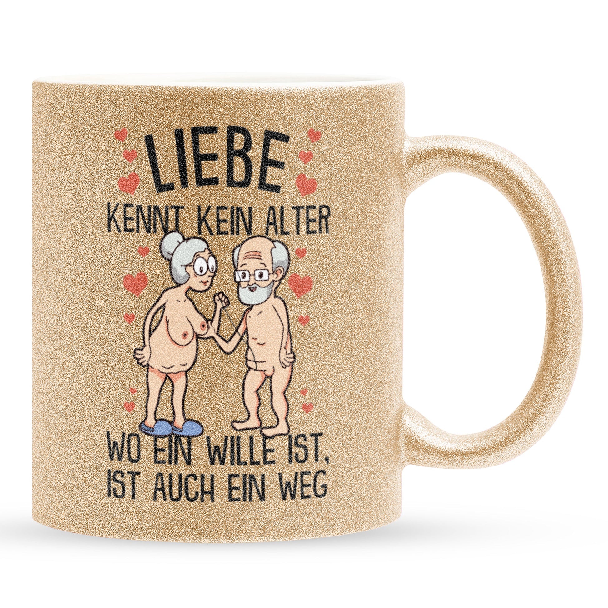 22Feels® Paar Geschenk zum Jahrestag, Hochzeitstag, Valentinstag etc. - Glitzertasse mit Spruch: Liebe kennt kein Alter (Gold, 320ml)-Glitzertasse Gold 320ml-22Feels