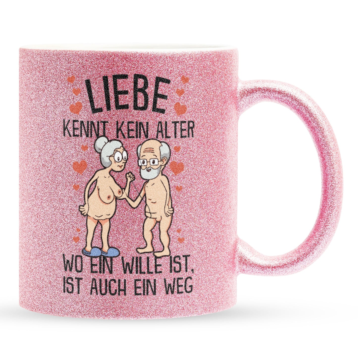22Feels® Paar Geschenk zum Jahrestag, Hochzeitstag, Valentinstag etc. - Glitzertasse mit Spruch: Liebe kennt kein Alter (Pink, 320ml)-Glitzertasse Pink 320ml-22Feels