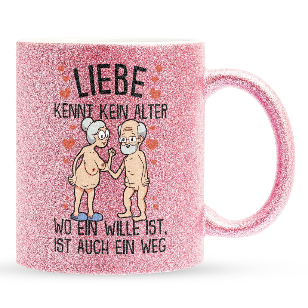 22Feels® Paar Geschenk zum Jahrestag, Hochzeitstag, Valentinstag etc. - Glitzertasse mit Spruch: Liebe kennt kein Alter (Pink, 320ml)-Glitzertasse Pink 320ml-22Feels