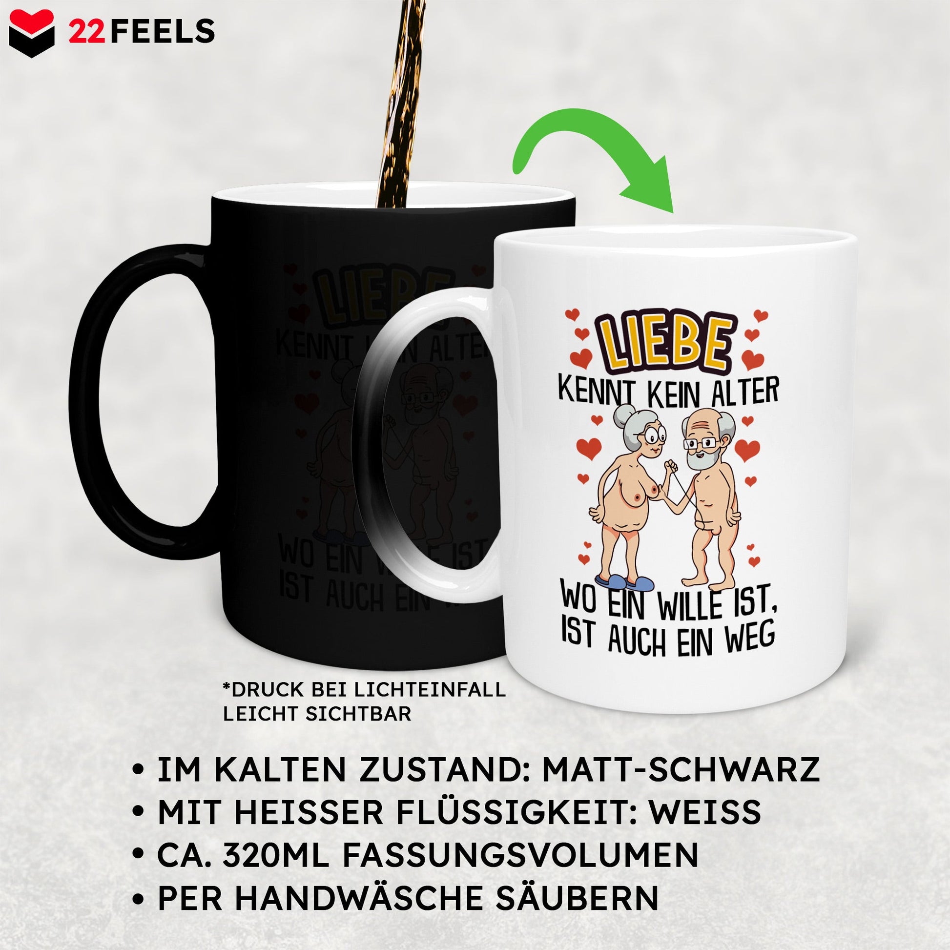 22Feels® Paar Geschenk zum Jahrestag, Hochzeitstag, Valentinstag etc. - Zaubertasse mit Spruch: Liebe kennt kein Alter (Matt-Schwarz und Weiss, 320ml)-Farbwechsel Tasse Matt 320ml-22Feels