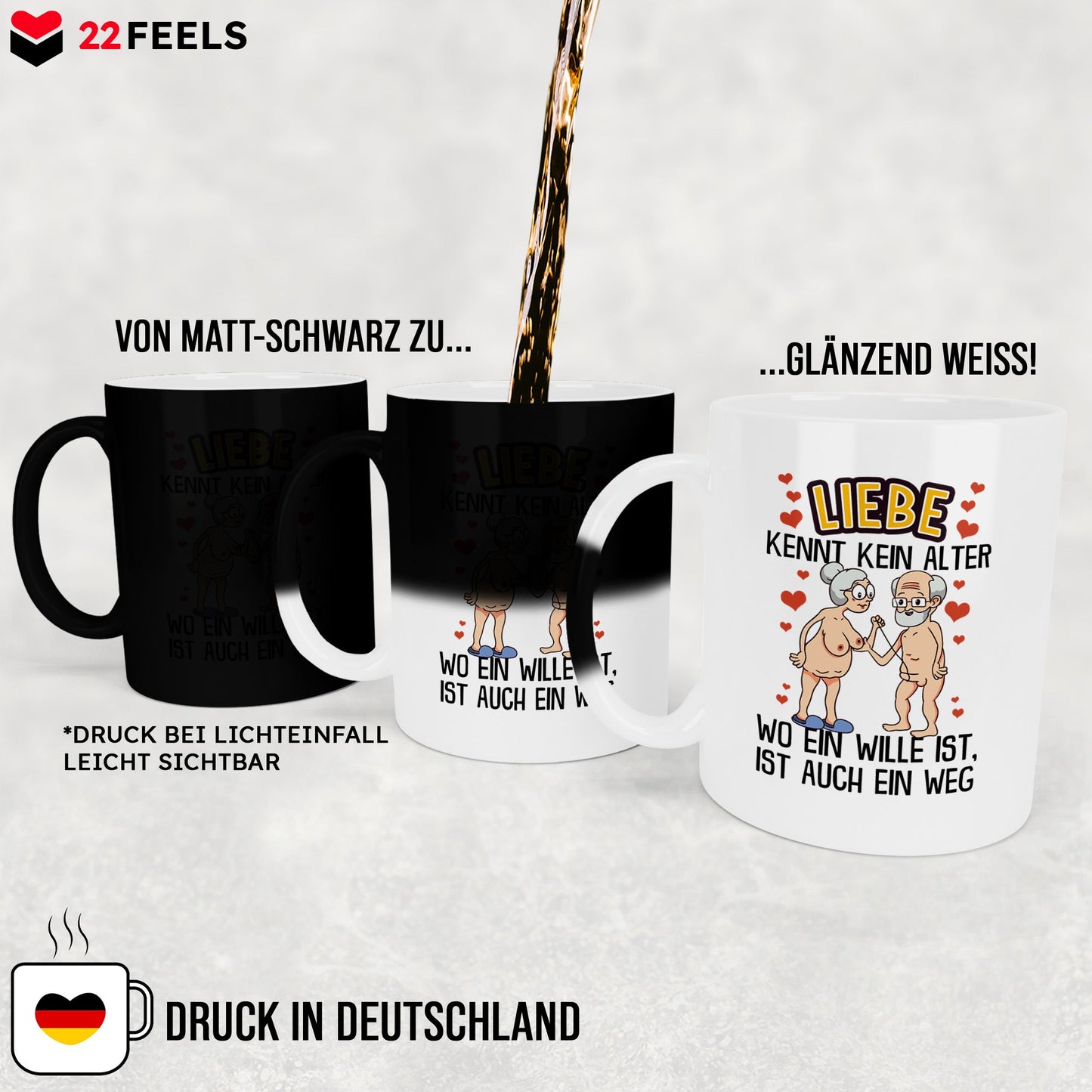 22Feels® Paar Geschenk zum Jahrestag, Hochzeitstag, Valentinstag etc. - Zaubertasse mit Spruch: Liebe kennt kein Alter (Matt-Schwarz und Weiss, 320ml)-Farbwechsel Tasse Matt 320ml-22Feels