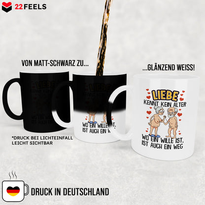 22Feels® Paar Geschenk zum Jahrestag, Hochzeitstag, Valentinstag etc. - Zaubertasse mit Spruch: Liebe kennt kein Alter (Matt-Schwarz und Weiss, 320ml)-Farbwechsel Tasse Matt 320ml-22Feels