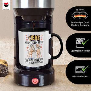 22Feels® Paar Geschenk zum Jahrestag, Hochzeitstag, Valentinstag etc. - Tasse mit Spruch: Liebe kennt kein Alter (Weiss-Schwarz, 320ml)-TwoTone Tasse Weiss-Schwarz 320ml-22Feels