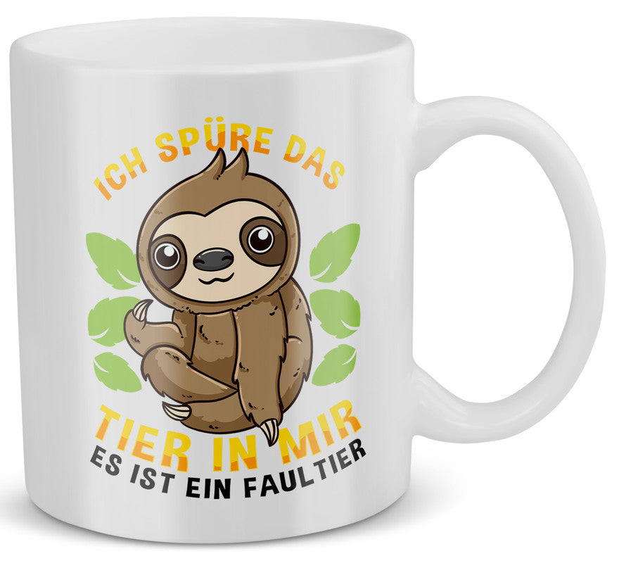22Feels® Tasse mit Faultier Tiermotiv - Büro Geschenkidee - Spruch: Ich Spüre Das Tier In Mir (Weiss, 320ml)-Weisse Tasse 320ml-22Feels