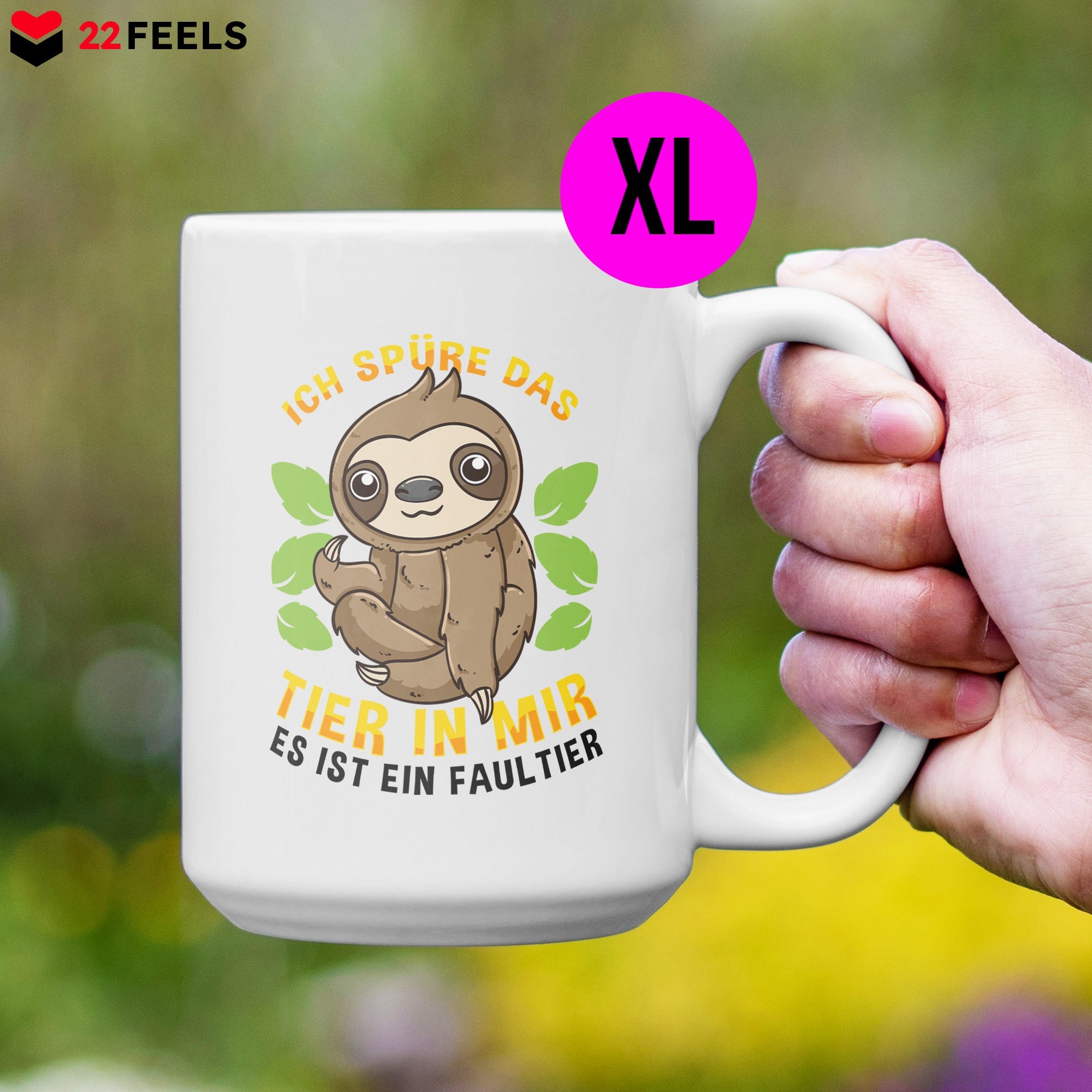 22Feels® XL Tasse mit Faultier Tiermotiv - Büro Geschenkidee - Spruch: Ich spüre das Tier in mir (Weiss, 440ml)-Weisse XL Tasse 440ml-22Feels