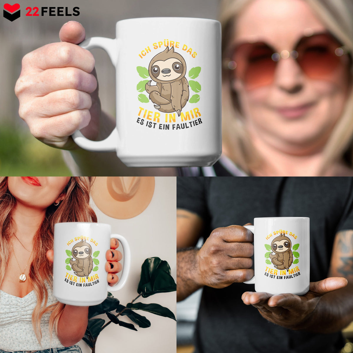 22Feels® XL Tasse mit Faultier Tiermotiv - Büro Geschenkidee - Spruch: Ich spüre das Tier in mir (Weiss, 440ml)-Weisse XL Tasse 440ml-22Feels
