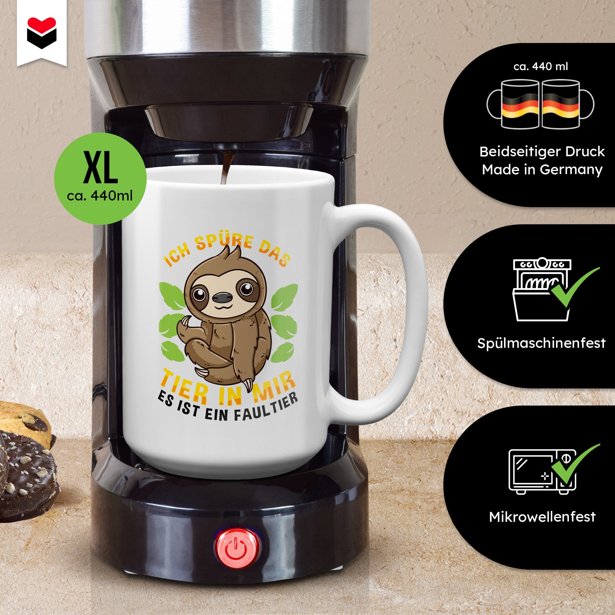 22Feels® XL Tasse mit Faultier Tiermotiv - Büro Geschenkidee - Spruch: Ich spüre das Tier in mir (Weiss, 440ml)-Weisse XL Tasse 440ml-22Feels