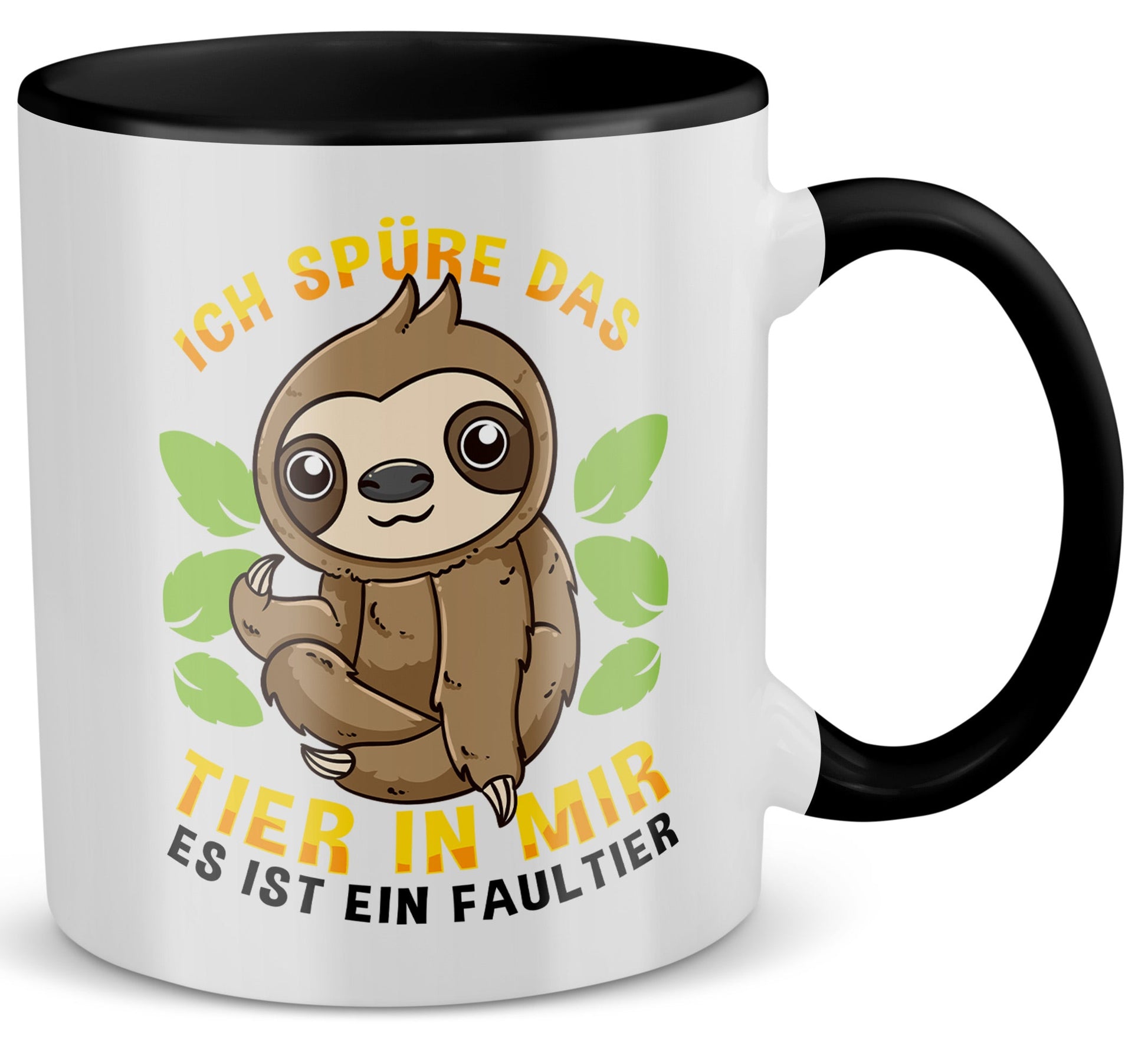 22Feels® Tasse mit Faultier Tiermotiv - Büro Geschenkidee - Spruch: Ich spüre das Tier in mir (Weiss-Schwarz, 320ml)-TwoTone Tasse Weiss-Schwarz 320ml-22Feels