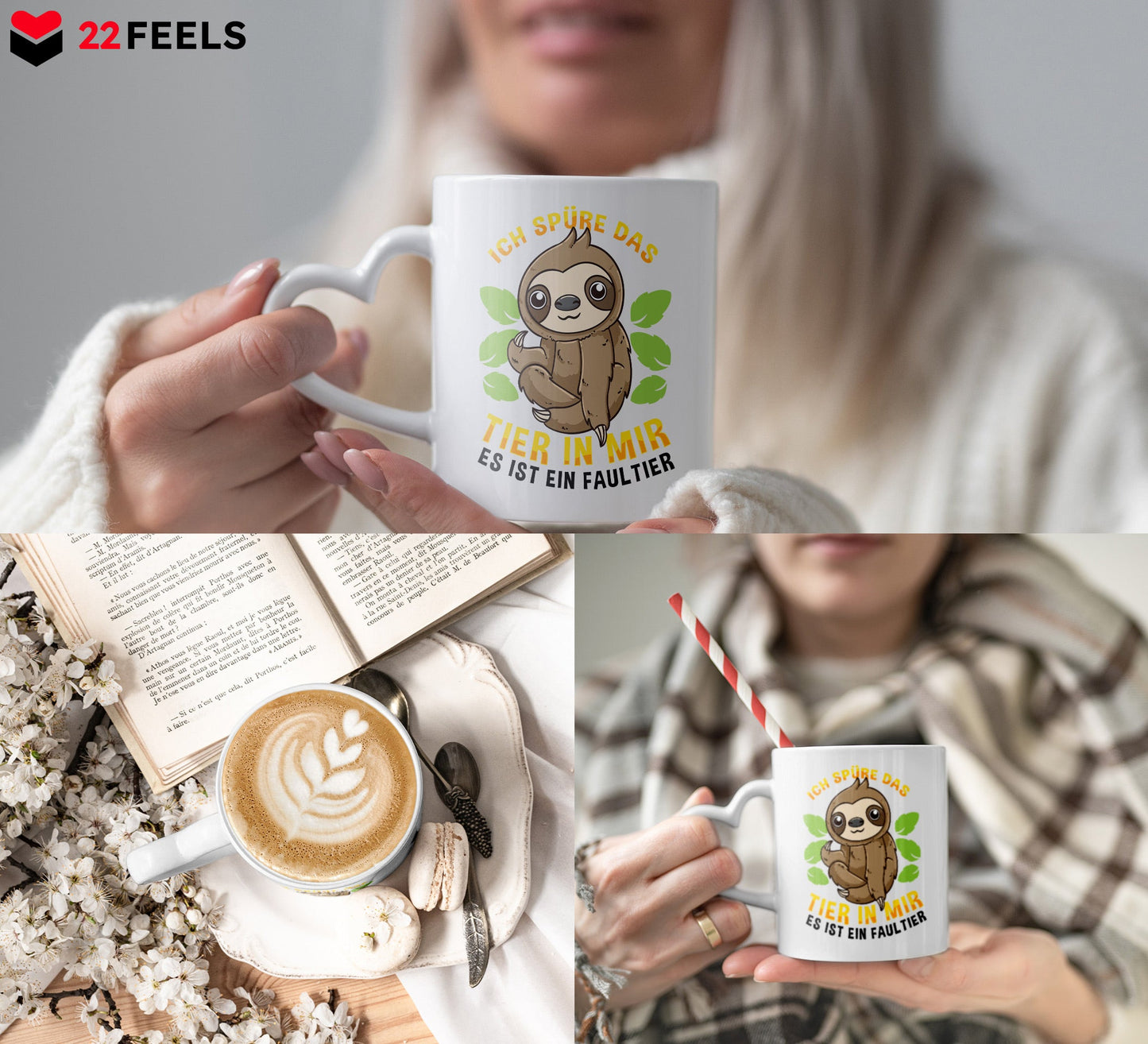 22Feels® Tasse mit Faultier Tiermotiv - Büro Geschenkidee - Spruch: Kummer und Sorgen (Herzhenkel, Weiss, 320ml)-Tasse Weiss Herzhenkel 320ml-22Feels